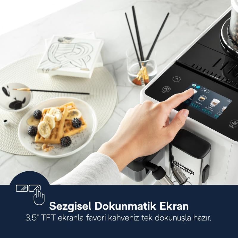 DeLonghi Rivelia EXAM440.55.W, Machine à Café Automatique avec LatteCrema Hot, Mousseur de Lait Automatique, Taille Compacte, 16 Recettes, Écran Tactile Couleur, Blanc Arctique - Image 3
