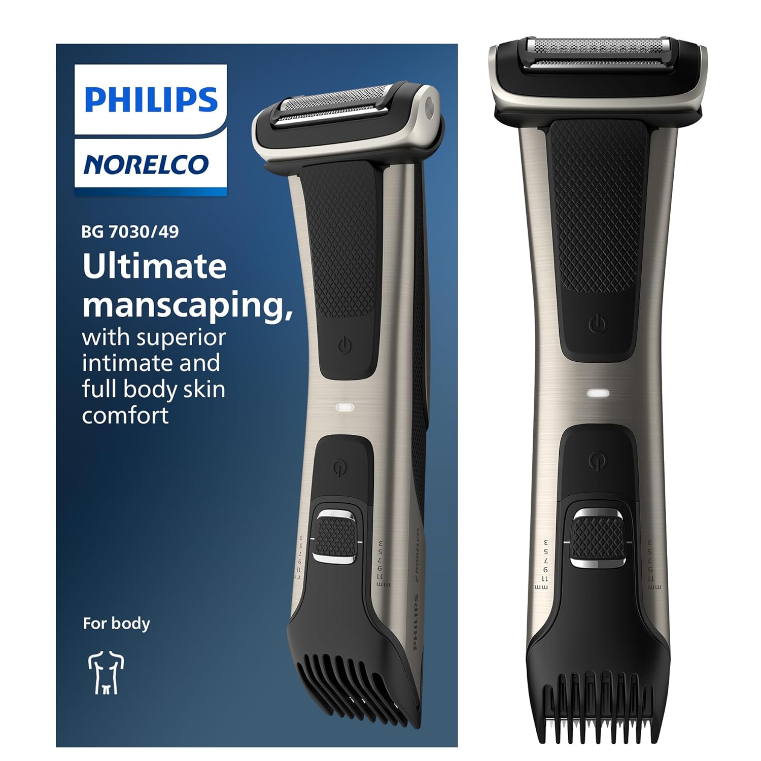 Philips Bodygroom Série 7000, Modèle BG7040/42 Tondeuse Corps et Zone Intime Étanche, Rasage Précis du Corps, Sabot Réglable, Sécurisé Même pour les Zones Sensibles, Autonomie de 80 Minutes