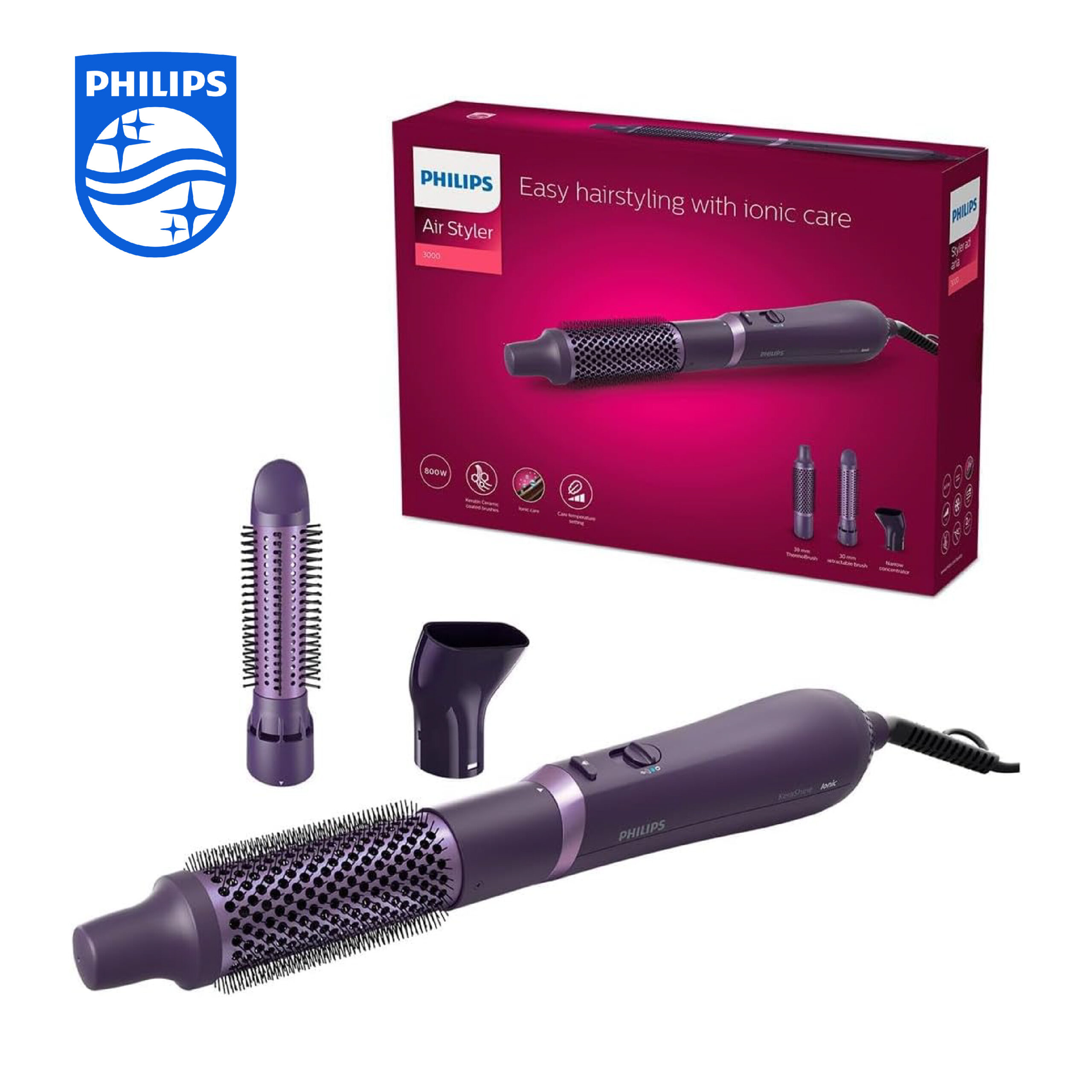 Philips Série 3000 Brosse soufflante modèle BHA305/00 avec revêtement en céramique et kératine, fonction ionique, 3 accessoires