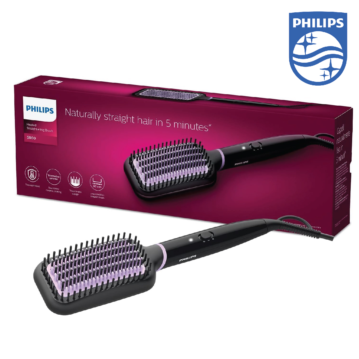 Philips, Brosse lissante chauffante Serie 5000 , BHH880/00 Zone de brossage ultra-large, Technologie ThermoProtect, Revêtement en céramique tourmaline, modèle BHH880/00