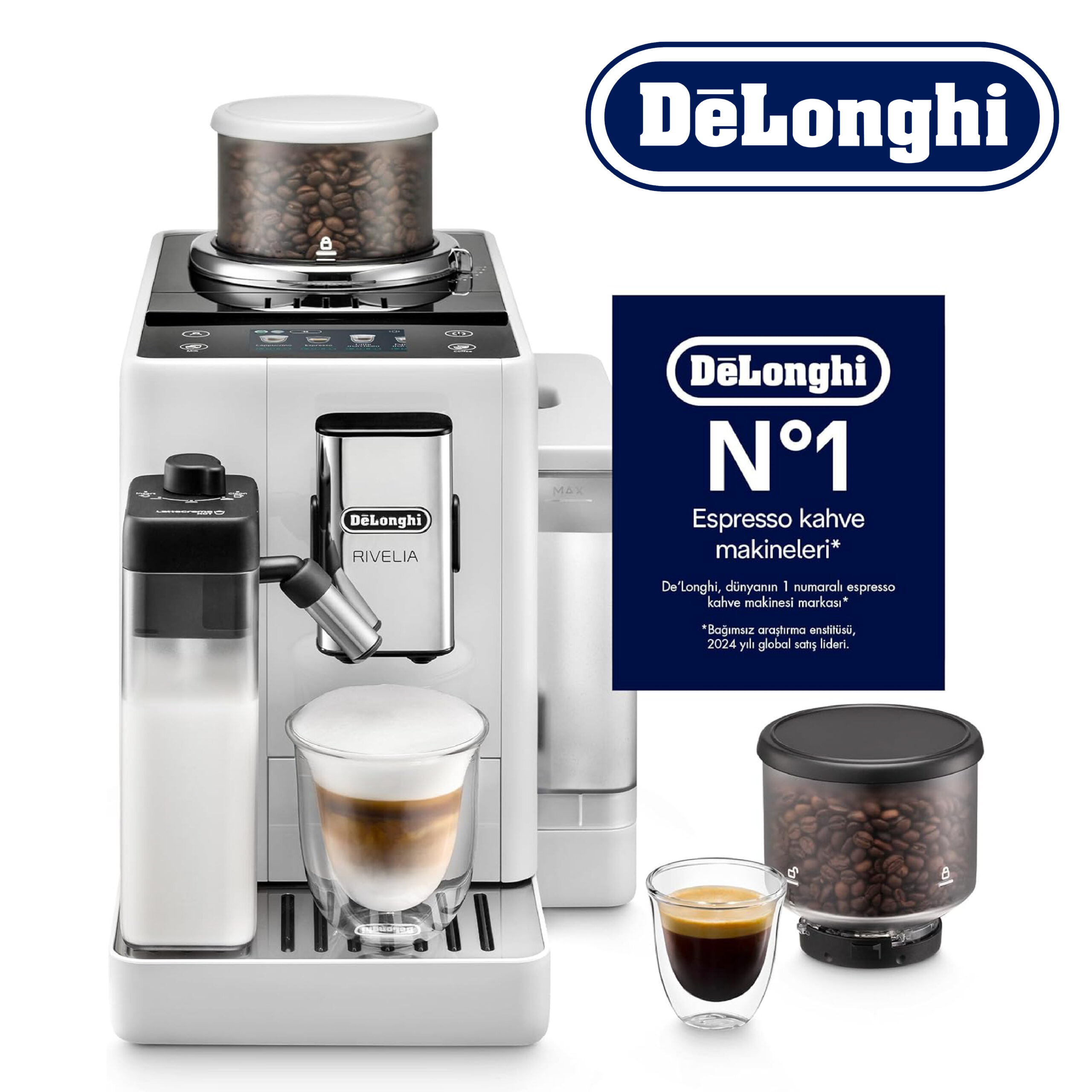DeLonghi Rivelia EXAM440.55.W, Machine à Café Automatique avec LatteCrema Hot, Mousseur de Lait Automatique, Taille Compacte, 16 Recettes, Écran Tactile Couleur, Blanc Arctique