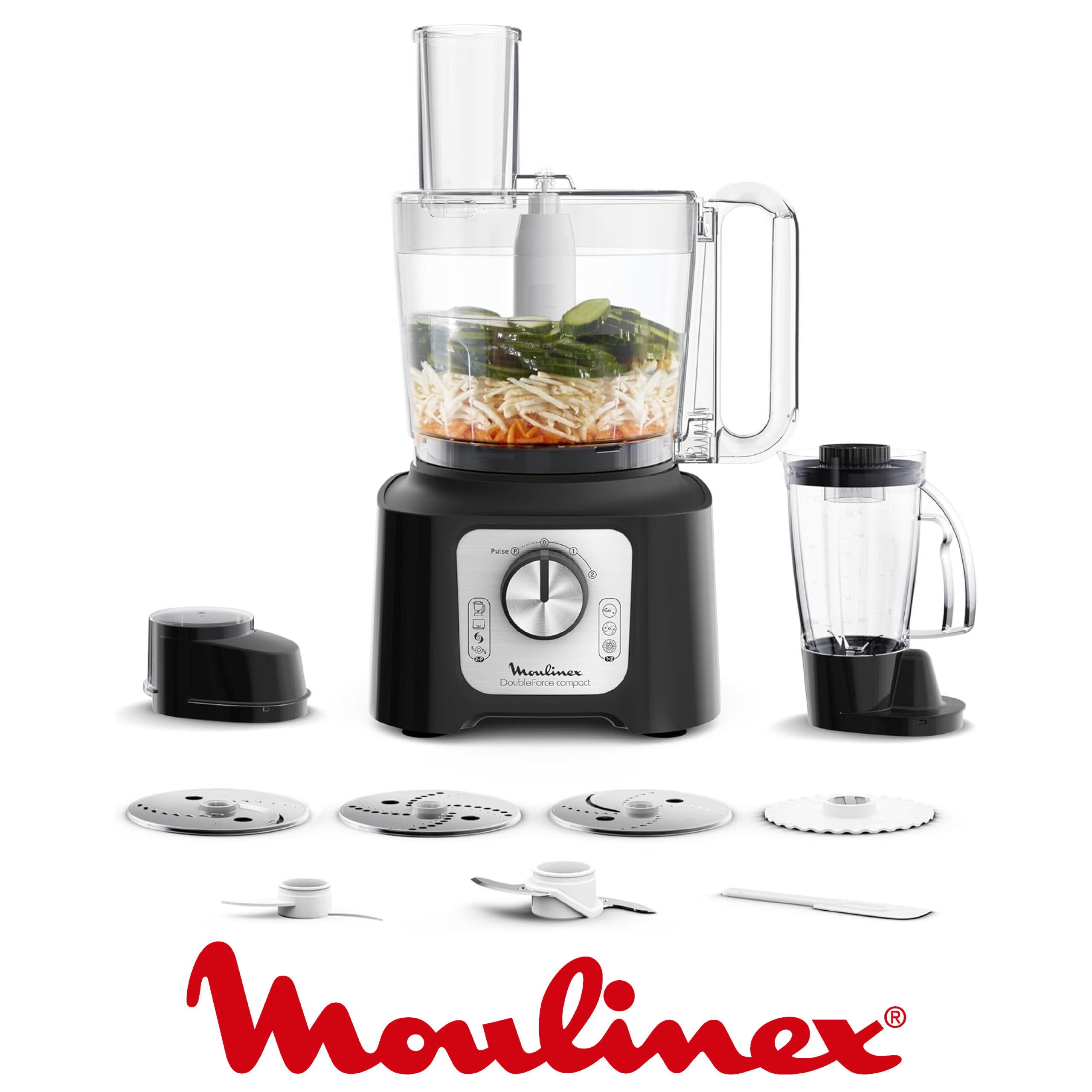 Moulinex Double Force Compact Robot Cuisine Multifonction, Bol 3L, 800W, 2 Vitesses + Pulse, 9 Accessoires, Blender, Hachoir, Râpes, Noir FP546811
