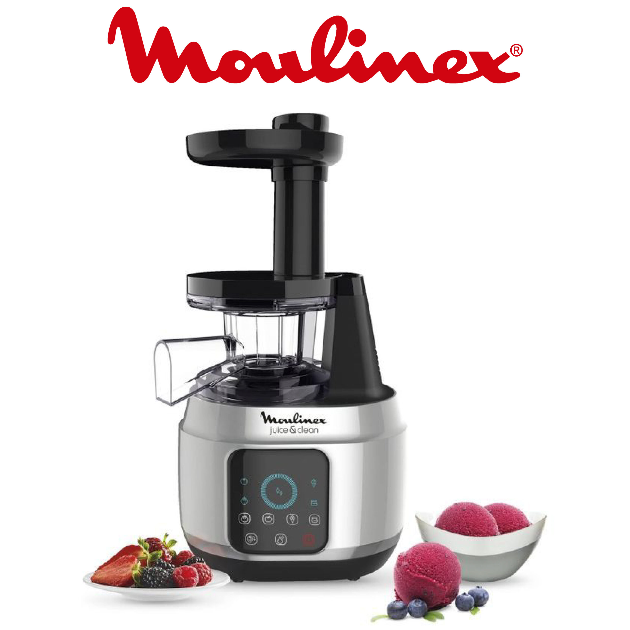 Moulinex Juice & Clean Extracteur de jus de fruits et de légumes, Jus vitaminés, Pressoir, 150 W, 42 à 83 tours/min, Jus de fruits frais, Confiture, Coulis, Sorbet, Nettoyage automatique ZU420E10