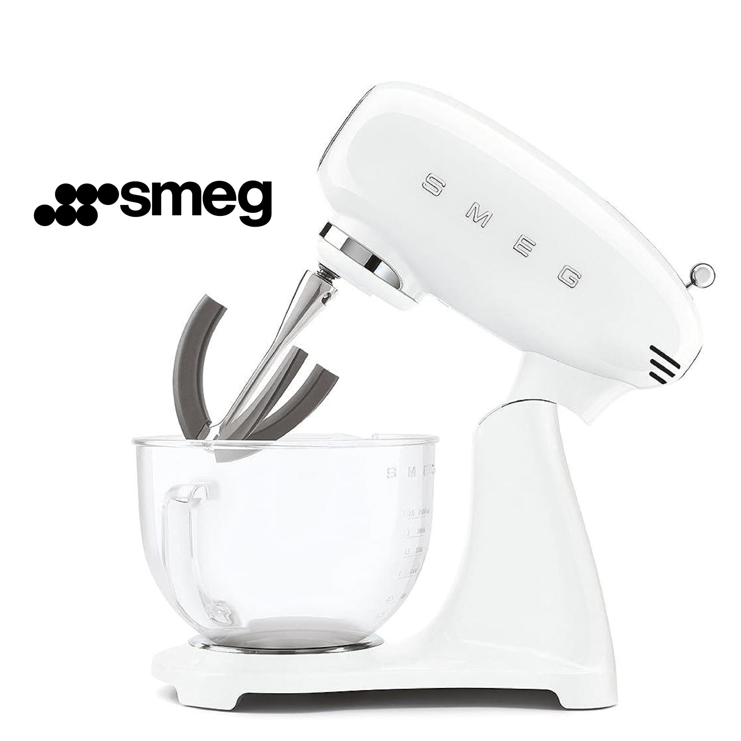 Smeg, Robot Pâtissier SMF13WHEU, 10 Niveaux de Vitesse, Mise en Marche Progressive, Bol en Verre de 4,8 L, Verrouillage Moteur de Sécurité, Accessoires Inclus, 800 W, Blanc