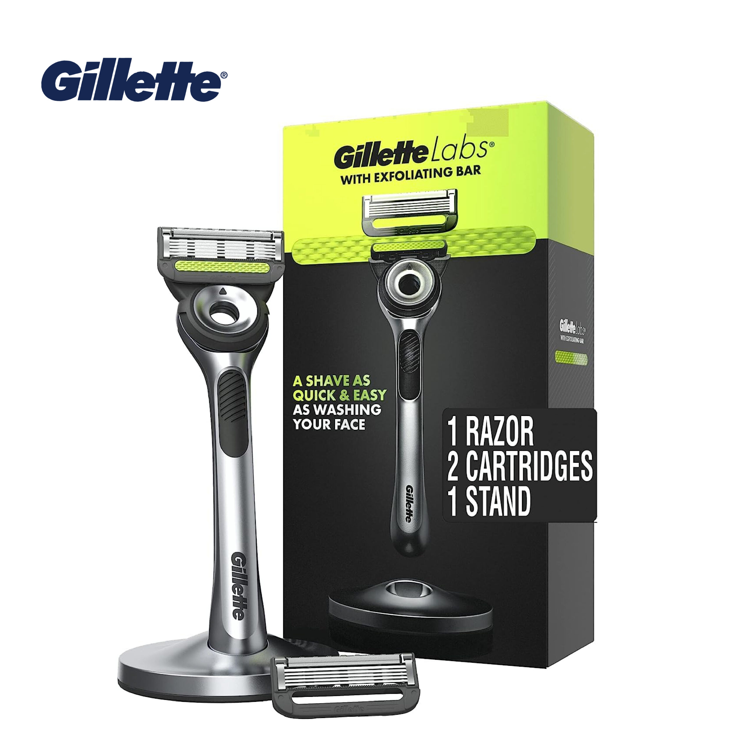 Gillette Rasoir Labs pour hommes avec barre exfoliante, kit de rasage pour hommes, comprend 1 manche, 2 recharges de lames de rasoir, 1 support magnétique premium.