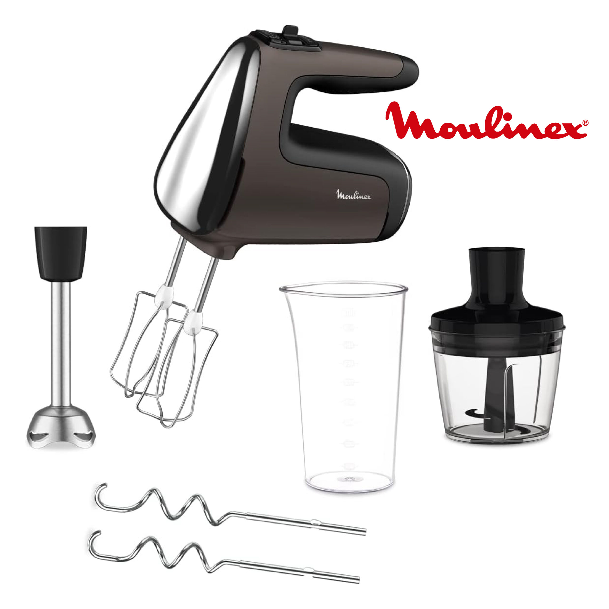 Moulinex Powermix Silence Batteur, 600 W, Technologie silencieuse, Variateur de vitesse, Fonction turbo, 2 fouets, 2 crochets pétrisseurs, Pied mixeur en acier inoxydable, Mini hachoir HM653910