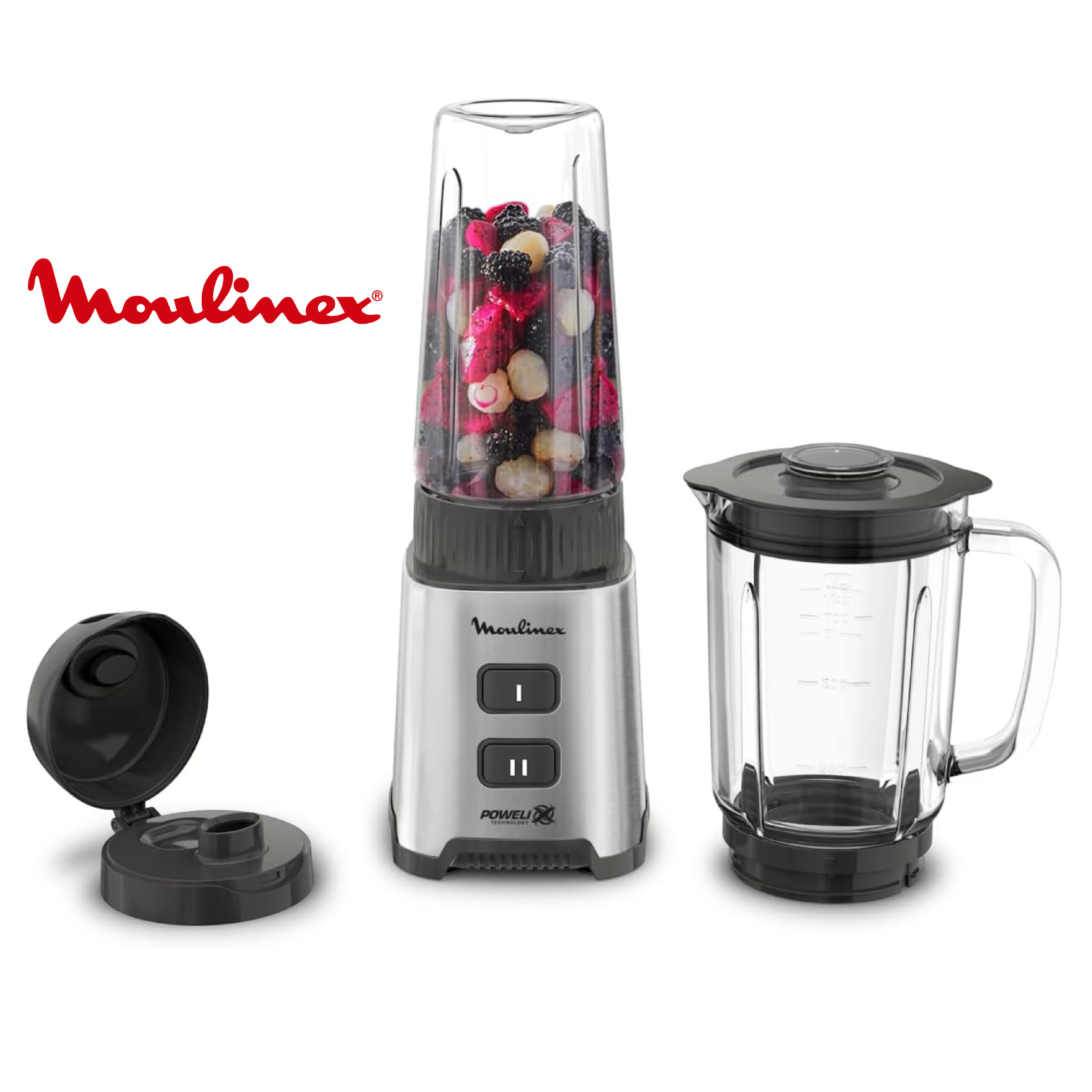 Moulinex Blender, Mini mixeur compact, 400 W, Technologie Powelix, Lames amovibles, 2 vitesses, Contrôle de la texture, Verseuse en verre, Bouteille à emporter en Tritan, Pulseo, Métal LM17GD10