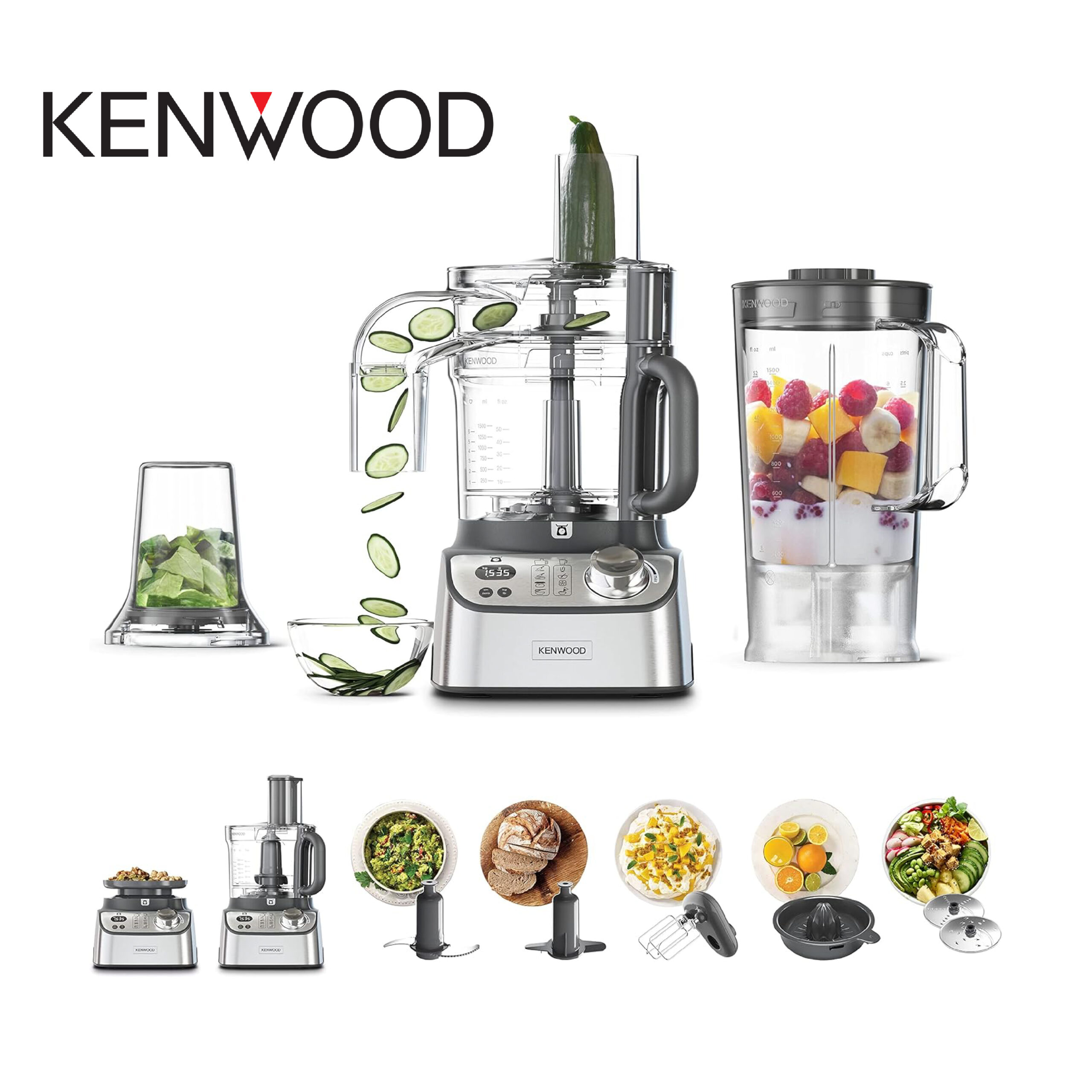 Kenwood Robot culinaire avec blender, moulin, double fouet en métal, pétrin, presse-agrumes, Express Serve/Saladier, balance de cuisine/plateau de pesée FDM71.690SS - Argenté