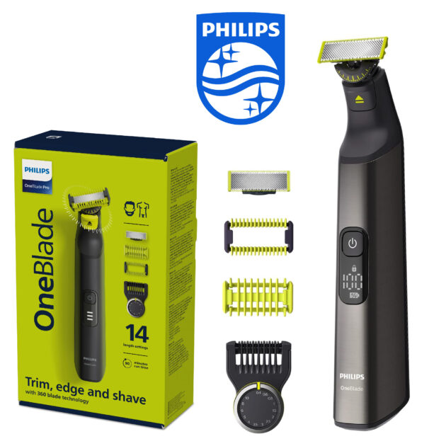 Philips OneBlade Pro 360 - tondeuse à barbe électrique, rasoir et tondeuse corps avec lame 360, 1 lame 360, 1 sabot avec 14 hauteurs de coupe, 1 kit Corps, 1 pochette souple (modèle QP6551/30)