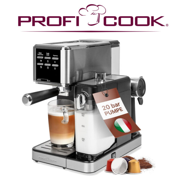 ProfiCook® Machine à espresso 2en1 pour café en poudre et capsules compatibles Nespresso -Machine porte-filtre 20bar-avec système de lait pour café au lait et cappuccino-porte-filtre inclus-PC ES 1266