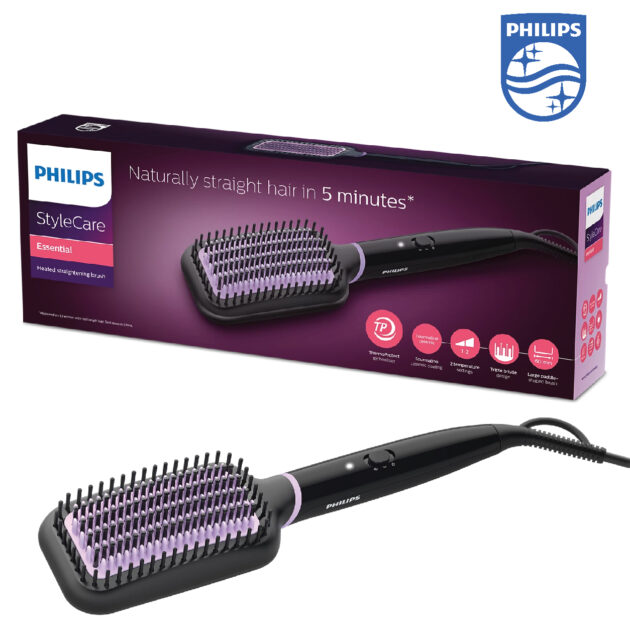 Philips Stylecare Essential Heated Straightening BRush Bhh880/03 . Extra Large BRush Area. Tourmaline Ceramic Coating. 2 Temperature Settings. 3 Pin, Black/Purple