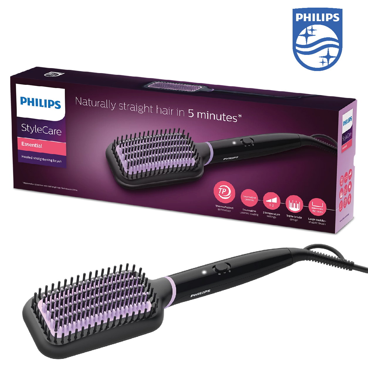 Philips Stylecare Essential Heated Straightening BRush Bhh880/03 . Extra Large BRush Area. Tourmaline Ceramic Coating. 2 Temperature Settings. 3 Pin, Black/Purple