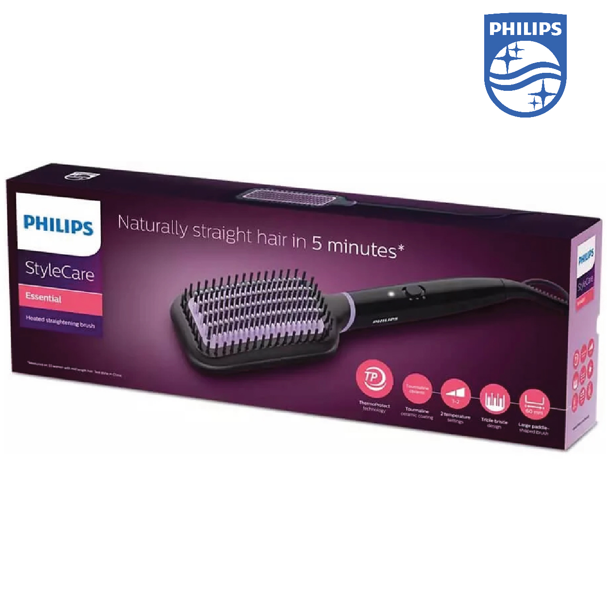 Philips Stylecare Essential Heated Straightening BRush Bhh880/03 . Extra Large BRush Area. Tourmaline Ceramic Coating. 2 Temperature Settings. 3 Pin, Black/Purple - Image 6