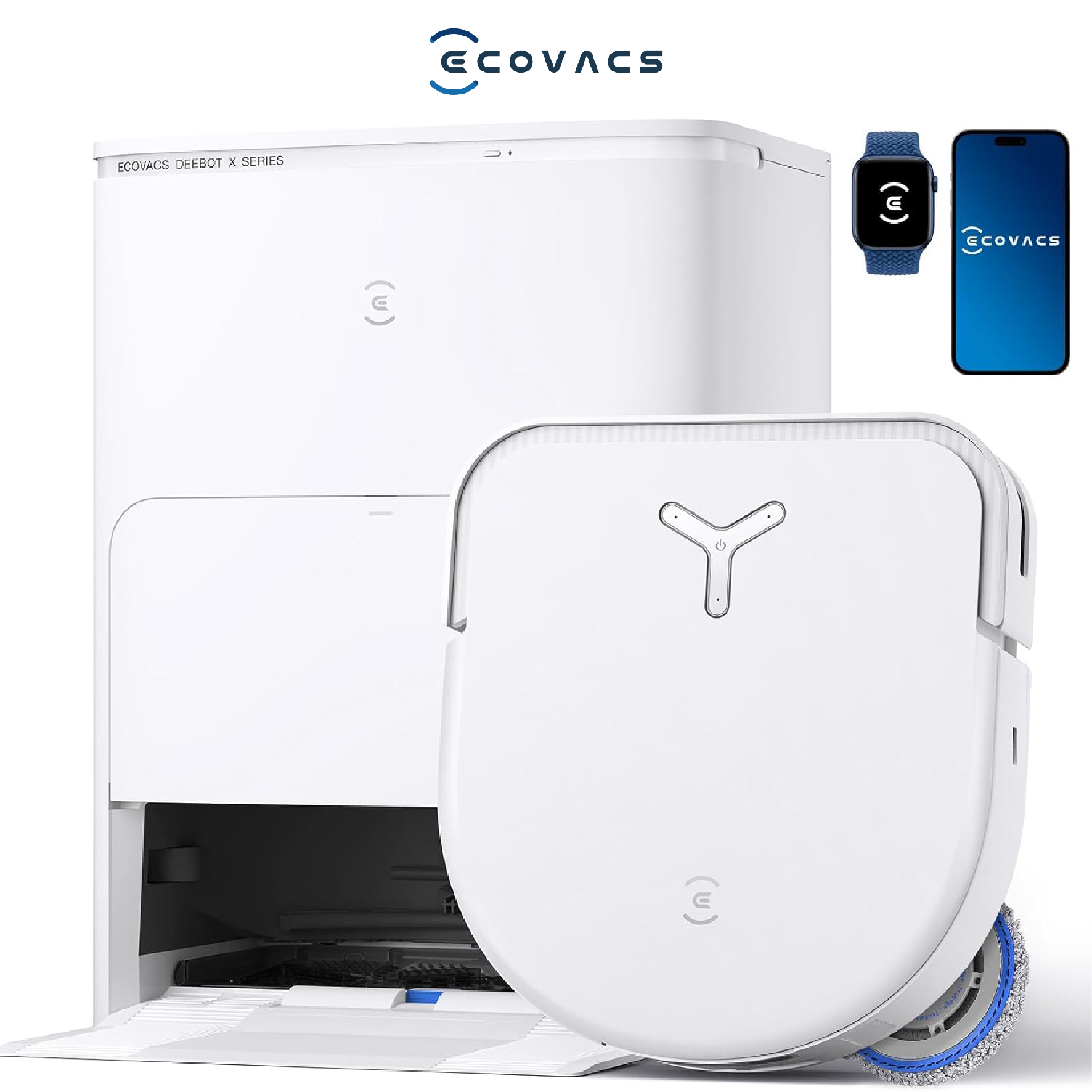 ECOVACS Aspirateur Robot DEEBOT X5 Omni, Robot Aspirateur Laveur avec Station, 12800Pa, ZeroTangle, Nettoyage Humide adaptatif TruEdge, Lavage à l'eau Chaude à 70°C, Levage des Patins de 15mm, Blanc