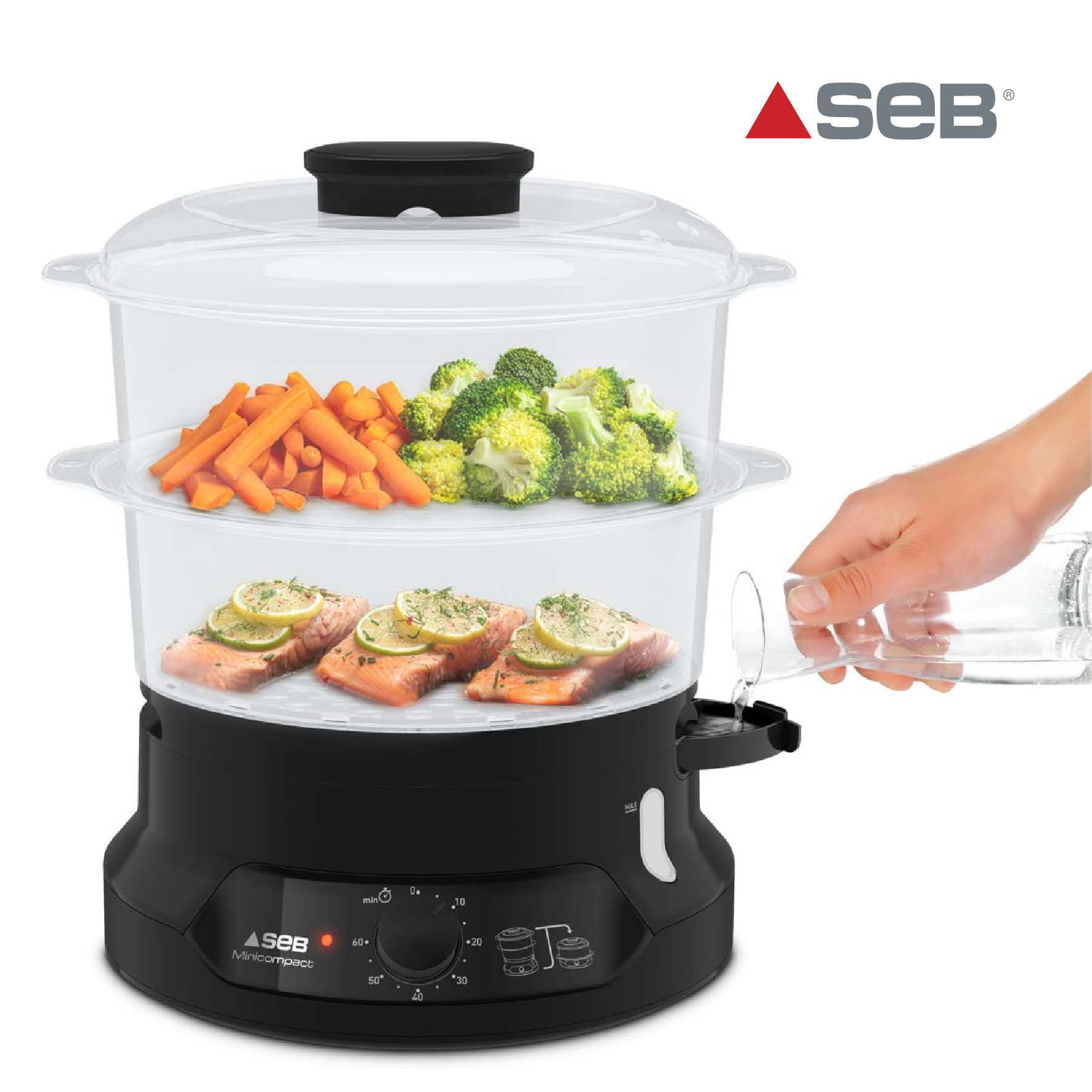 Seb Minicompact Cuiseur vapeur, Cuisson saine, 6 L, 800 W, 2 bols empilables, Bac à riz et céréales, Minuteur 60 min, Arrêt automatique, Niveau d'eau visible, Facile à ranger VC139800